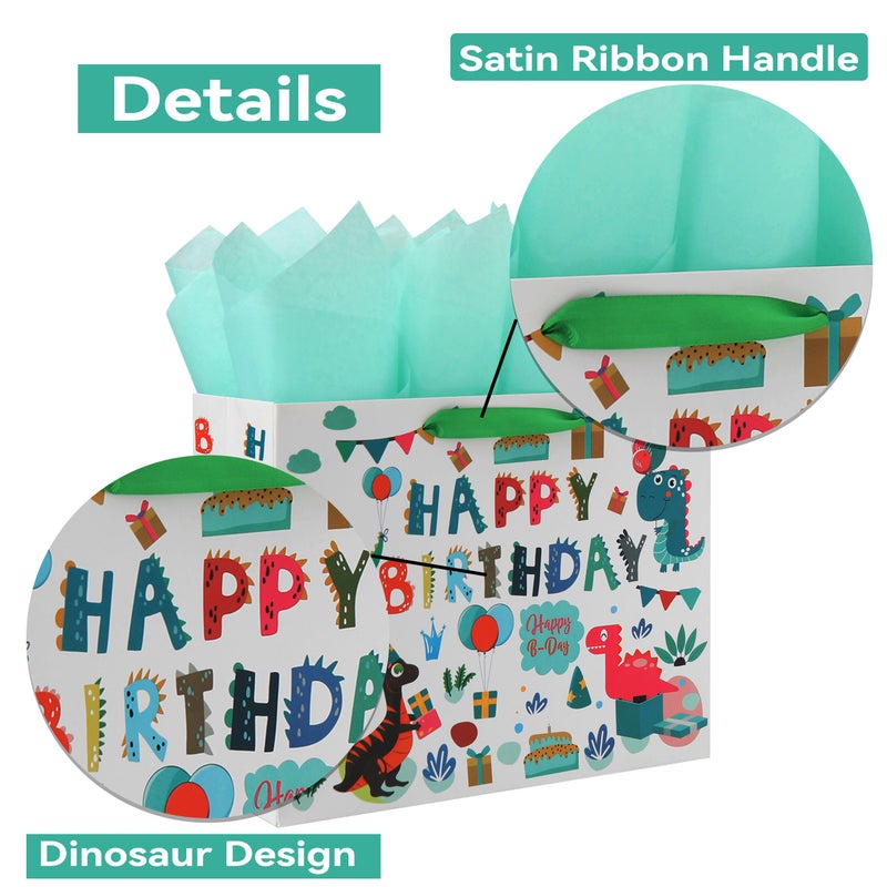 Qirrmiy 13"" Large White Gift Bag Set with Greeting Card and Tissue Paper (Green Dinosaur Design and Happy Birthday) for Boys  Girls  Kids Party  Baby Showers - Image 4